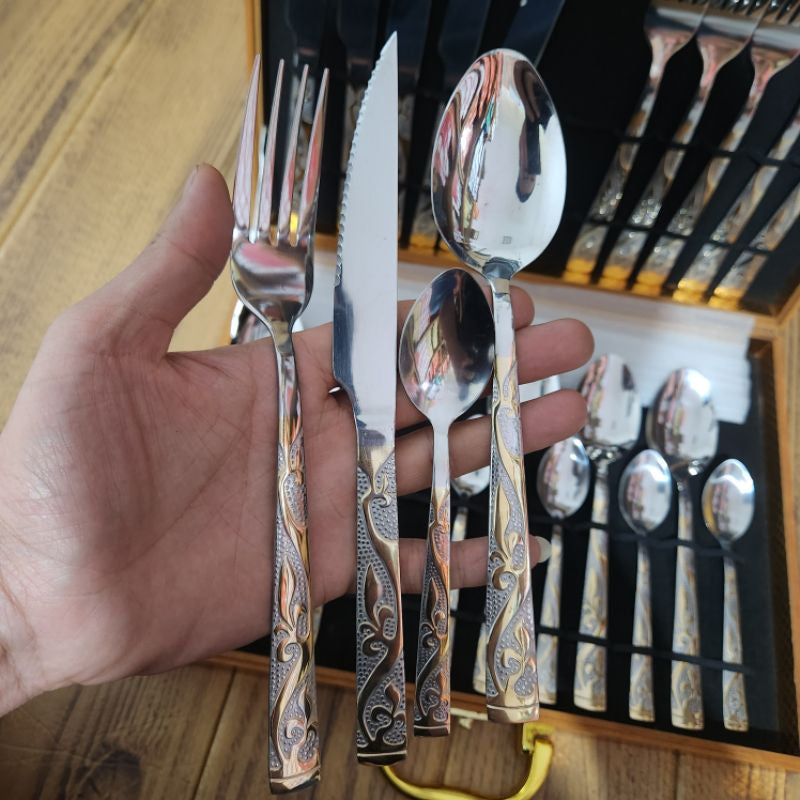 Cubiertos de Acero Inoxidable 24 Piezas + Caja de Madera de Regalo