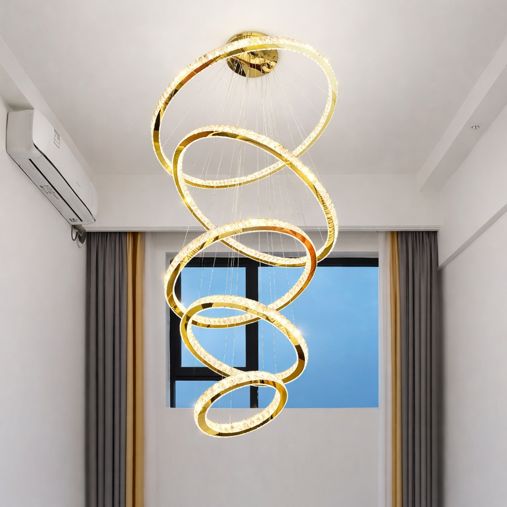 Lámpara Colgante de Techo 5 Anillos LED 96W Dorado Doble Bivolt Luz Blanca Cálida