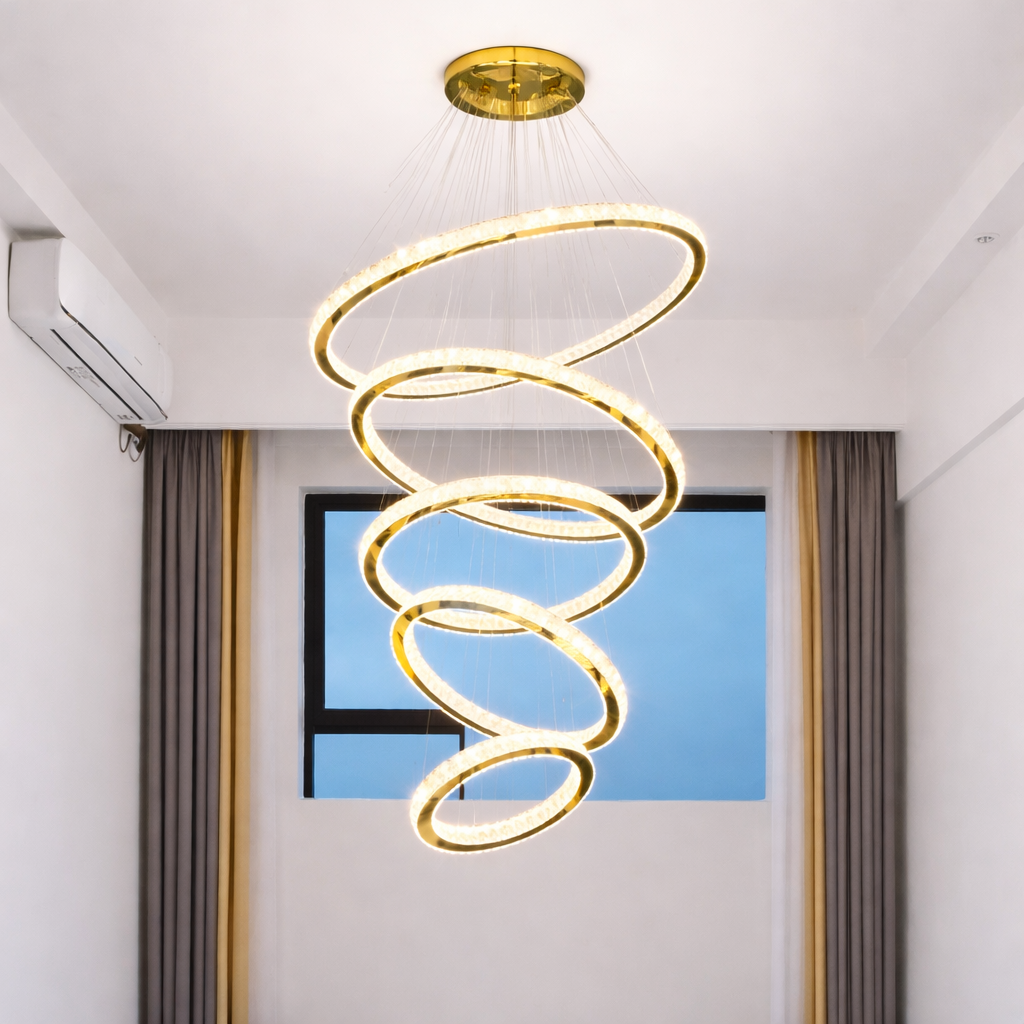 Lámpara Colgante de Techo 5 Anillos LED 96W Dorado Doble Bivolt Luz Blanca Cálida