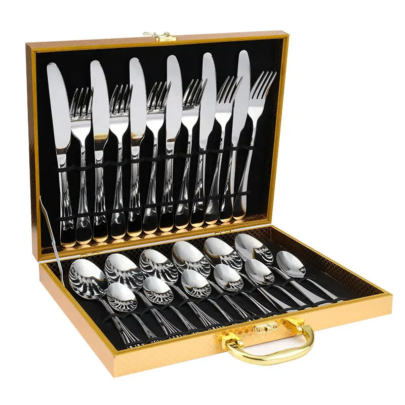 Cubiertos de Acero Inoxidable 24 Piezas + Caja de Madera de Regalo