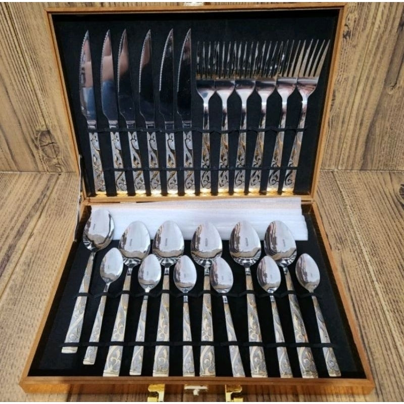 Cubiertos de Acero Inoxidable 24 Piezas + Caja de Madera de Regalo