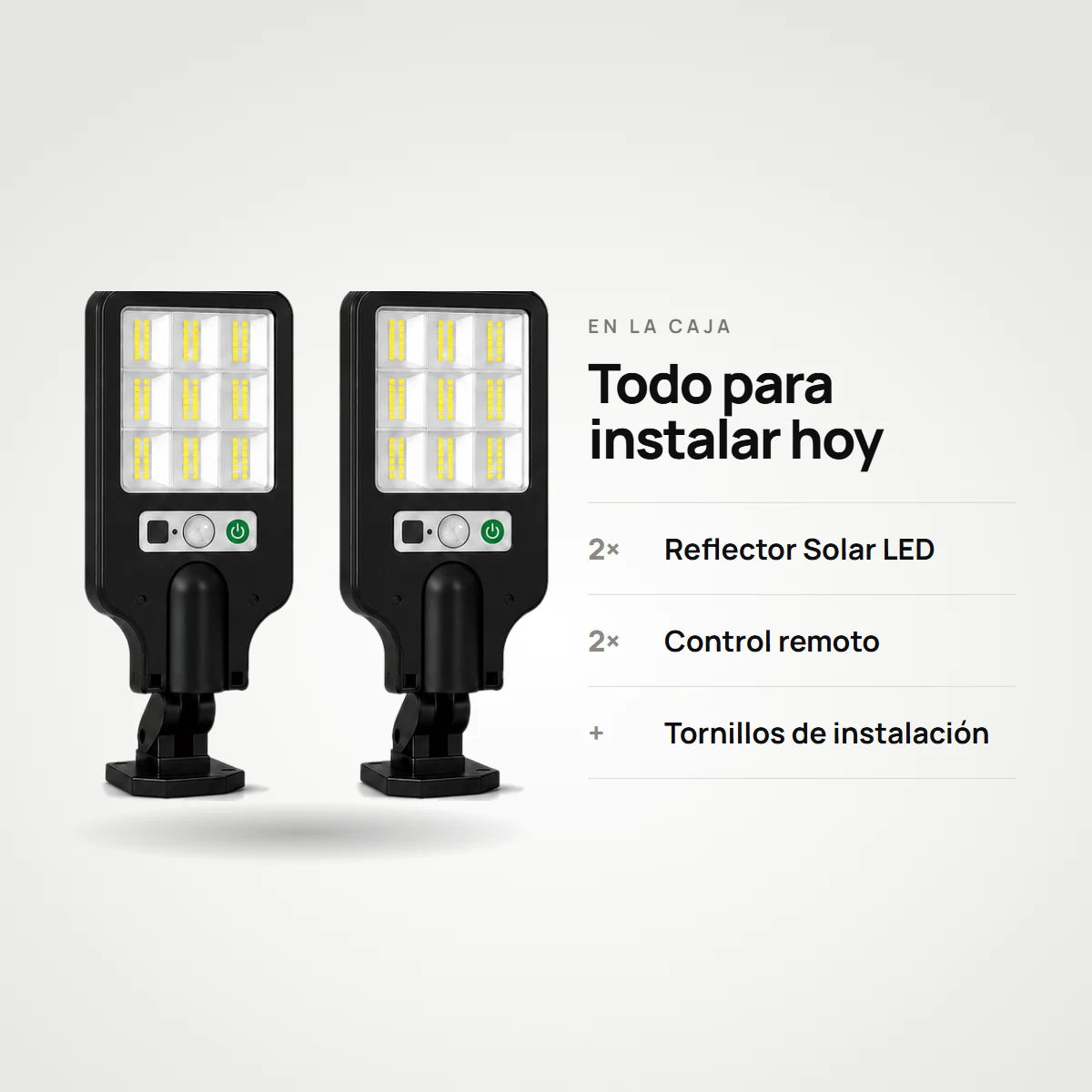 En la caja: 2 reflectores, 2 controles y tornillos