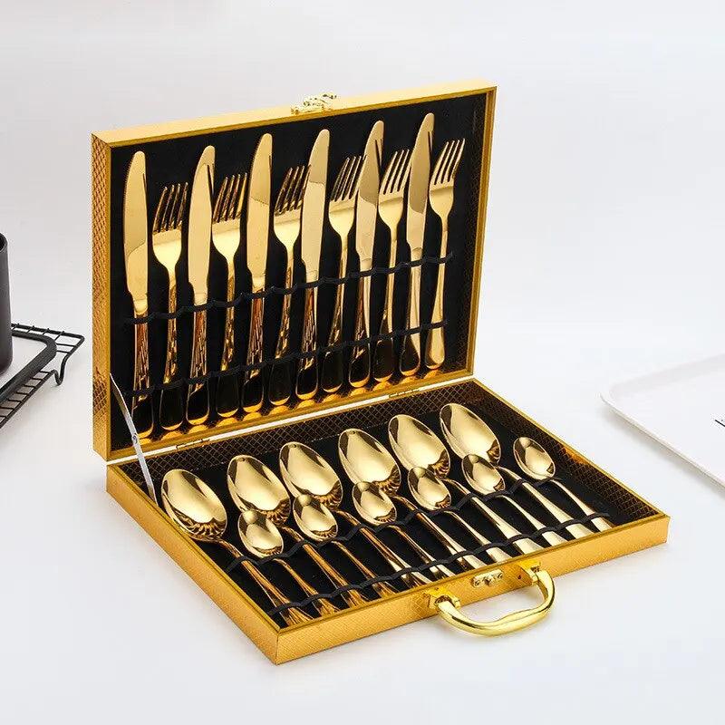 Cubiertos de Acero Inoxidable 24 Piezas + Caja de Madera de Regalo